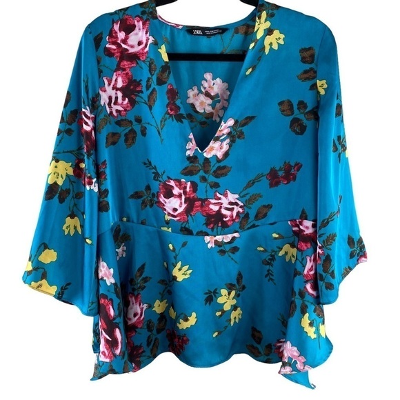 Zara Blouse Teal Floral‎ V-neck with Peplum Sz Medium - Picture 3 of 11
